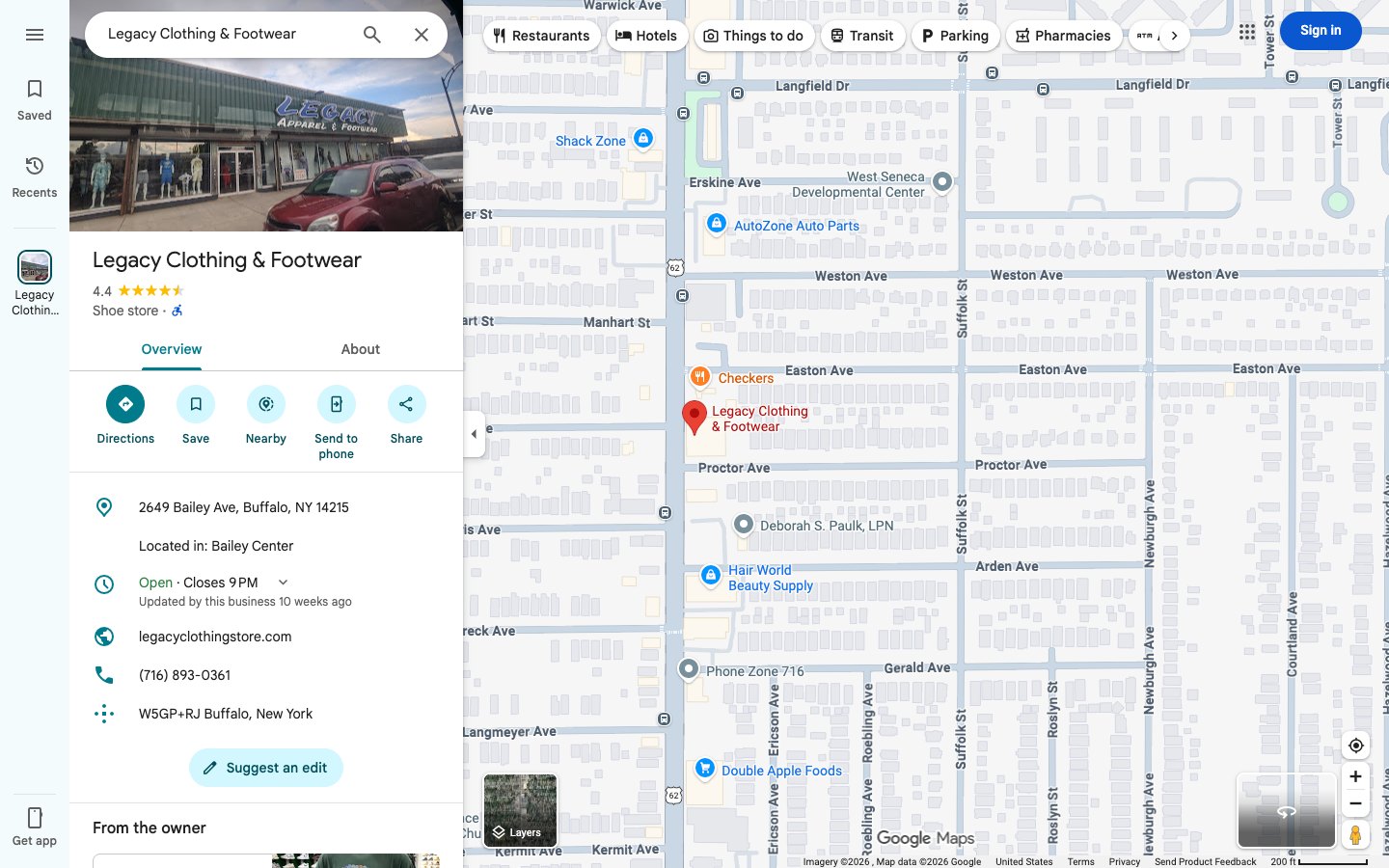 Legacy Clothing Google Business listing on Maps