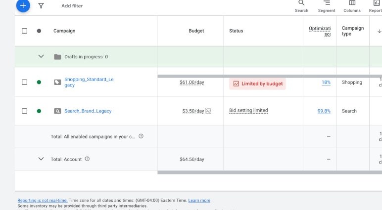Google Ads shopping and search campaigns for Legacy, enabled