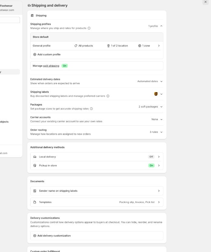 Shopify shipping settings, pickup in store on